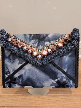 Rebecca Minkoff Dreamy Pom Leo Blue Leather Envelope Clutch-Tie Dye-Bohemian